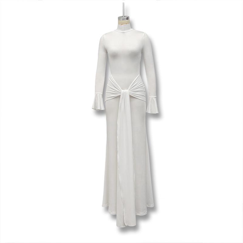 European & American Women's Fashion 2024 Autumn/Winter Slimming Long-Sleeve Tie-Up Dress - Solid Color, Waist-Hugging & Hip-Wrapping Style