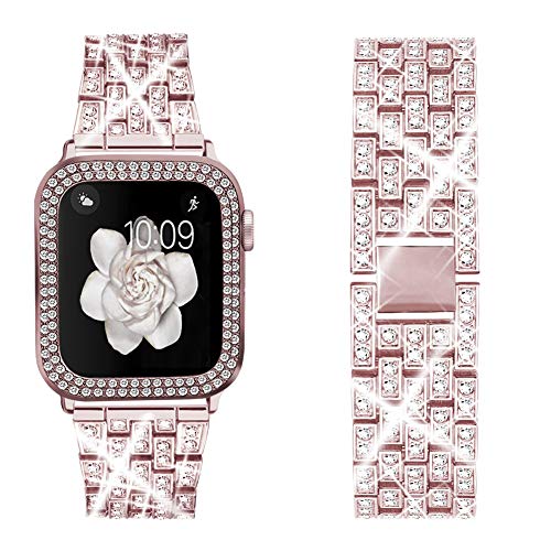 

Metal Strap with Case For Apple Watch 45mm 41mm 44mm 42mm 40mm 38mm Diamond Bracelet Wristband for iWatch 9 8 7 6 5 4 3 SE Cover For iwatch 987 41mm троянди рожеві кольору