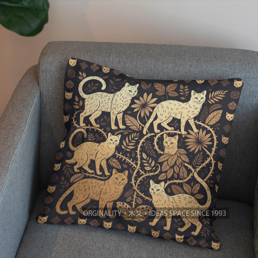 2D Cute Golden Cats Floral Patterned Pillow Cover Pattern Cushion Cover Suitable For Sofa Bedroom Car Pillow Cover