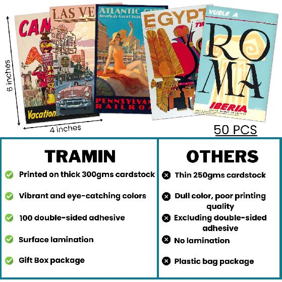 TRAMIN 50 PCS Vintage Travel Decor Posters, Retro Popular Cities Photo Collage Kit, World Travel Wall Art Prints, Trendy City Landscape Aesthetic