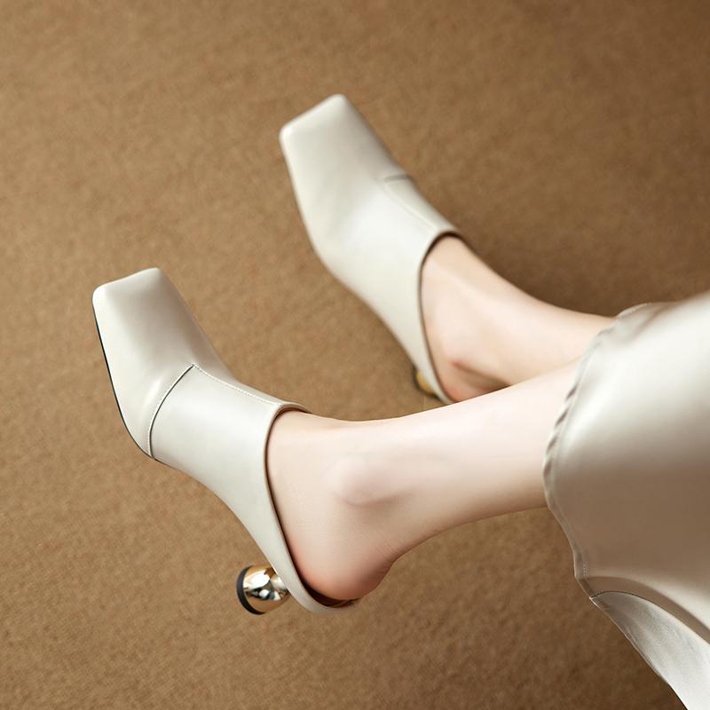 Fashion Women's Shoes New Spring/Summer Square Toe Genuine Leather Sheepskin Baotou High Heel Large Muller Half Slippers Heels Women