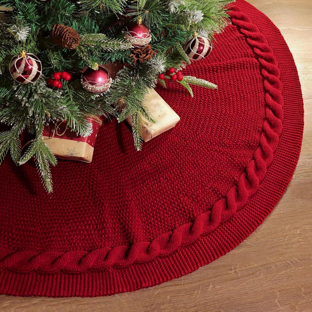 Knitted Christmas Tree Skirt, Cozy Cable Knit Design With Scalloped Edge And Ties, Rustic Farmhouses Holiday Décor For Christmas Tree Base