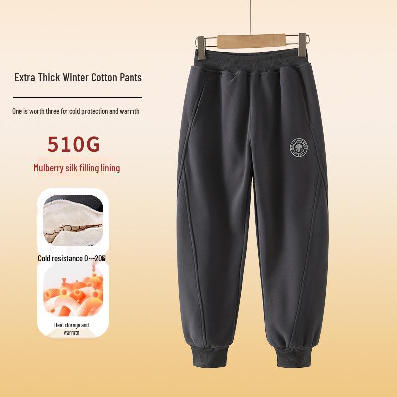 2024 Boys' Fleece-Lined Thick Cotton Winter Pants for Middle and Big Kids - Sports Style