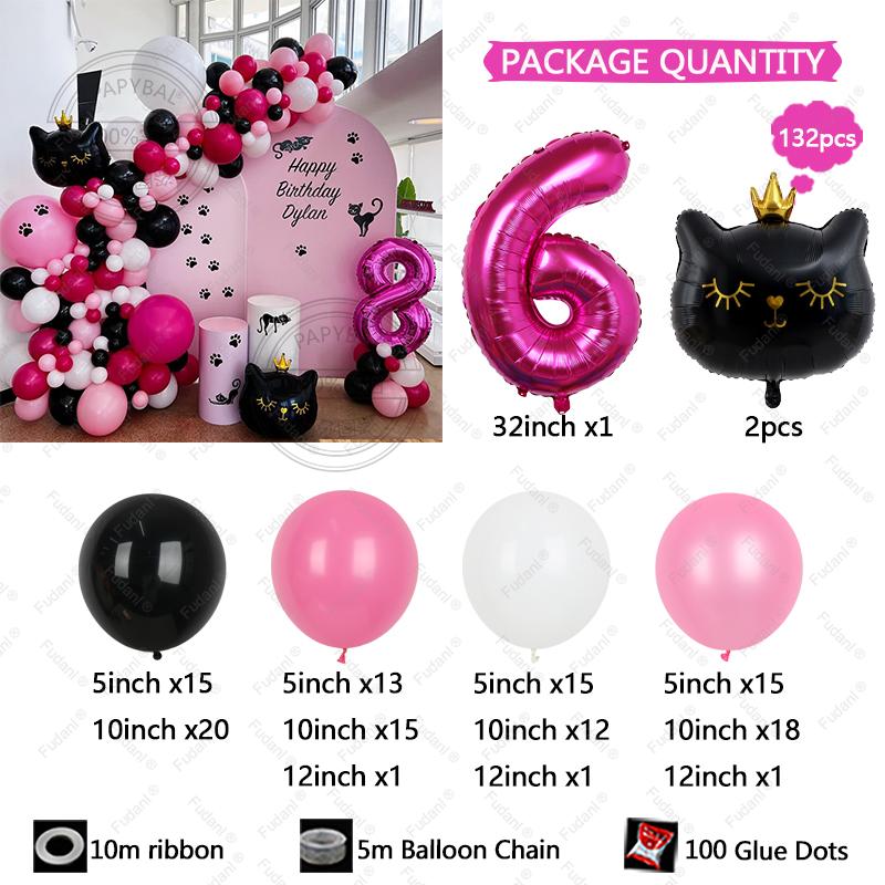 132pcs Black Cat Crown Foil Balloons Arch Kit Happy Birthday Party Decorations 32inch Digit Kids Girl Boy 1-9 Years Old Supplies