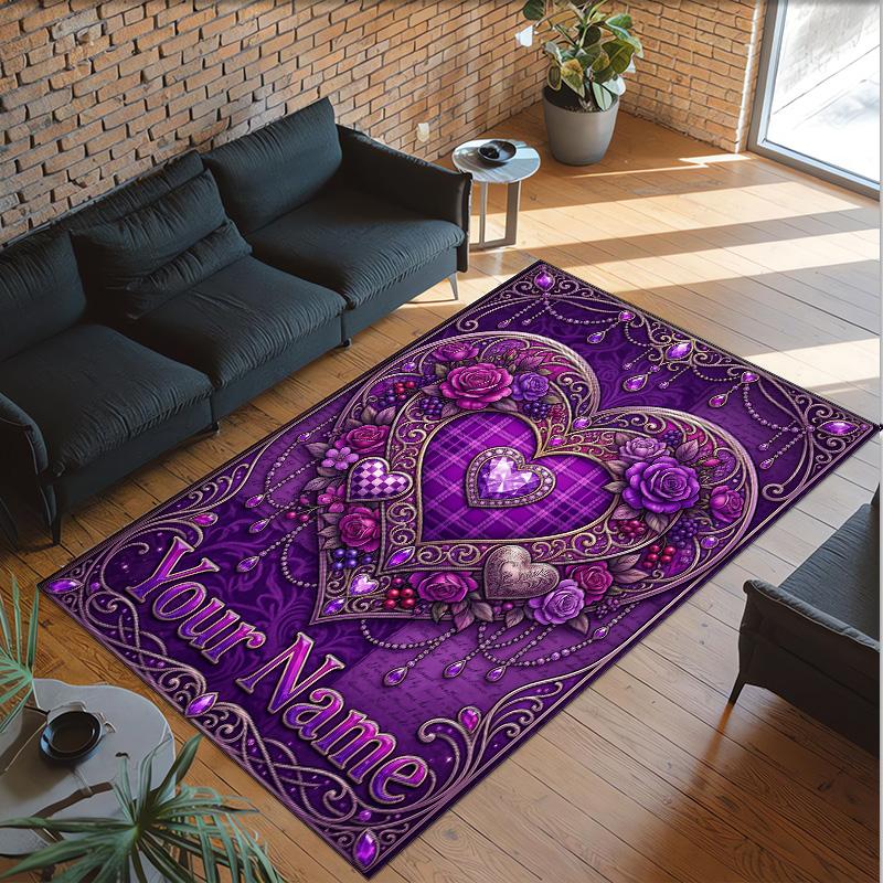 Hearts Theme Crystal Velvet Floor Rug Personalized Custom Name Text Warm Carpet Home Decoration