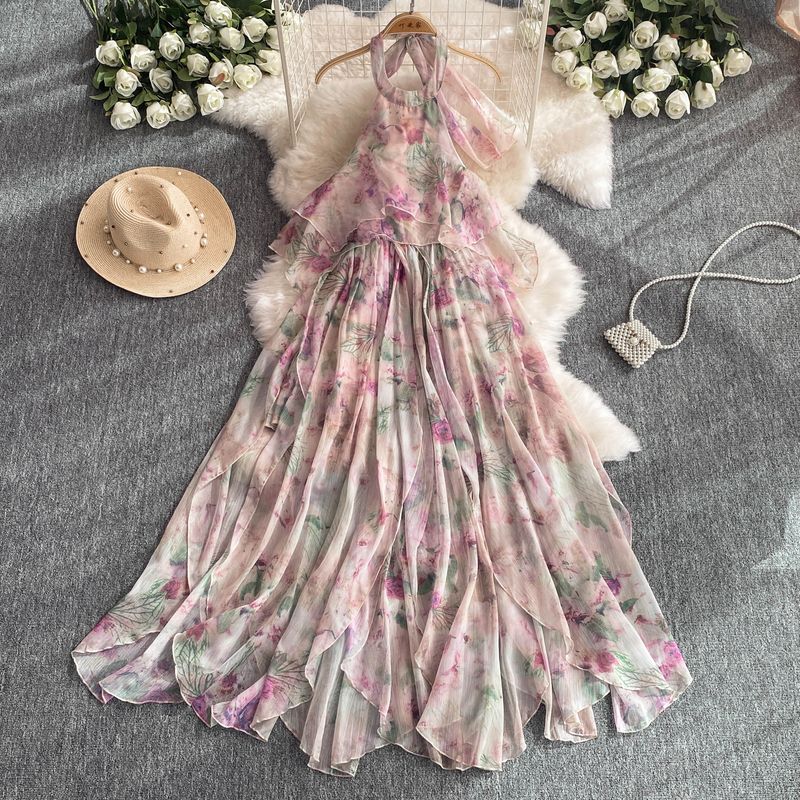 

Summer Sanya Seaside Photograph Fairy Dress Vacation Style Backless Halter Large Swing Dress Long Dress Elegant Beach Skirt Purple Green M