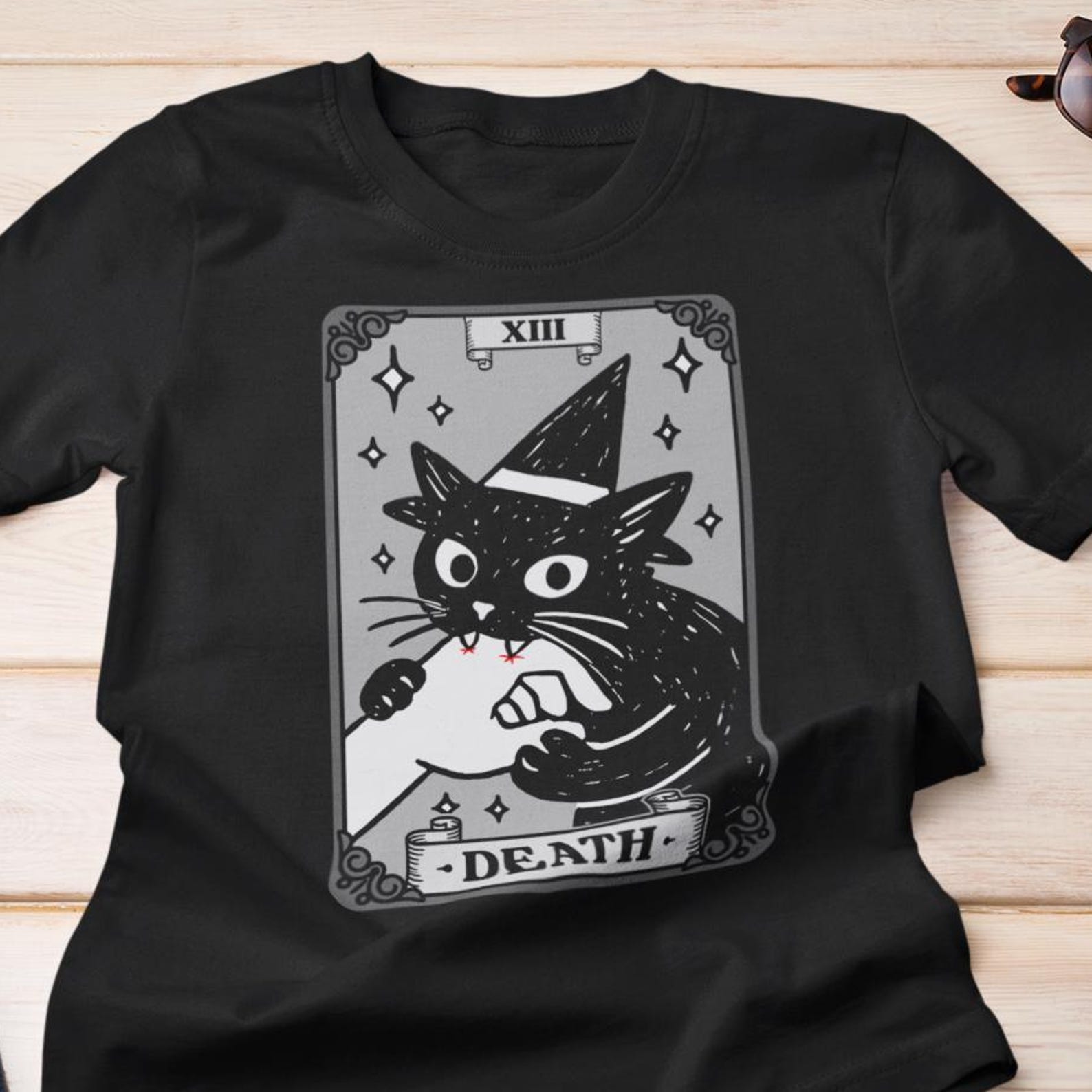 Death Cat Tarot Tee | Occult Cat Biting Hand Graphic - Cotton T-Shirt 3XL
