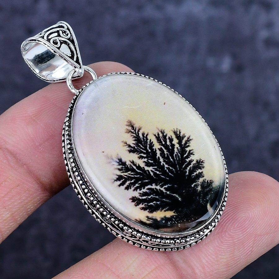 Natural Dendrite Opal Gemstone 925 Sterling Silver Jewelry Pendant 2.09" ETC-14299