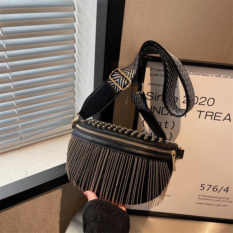 Tassel Bag, Fashionable Metal Stud Crossbody Bag, Wide Shoulder Strap, Single Shoulder Sling Bag