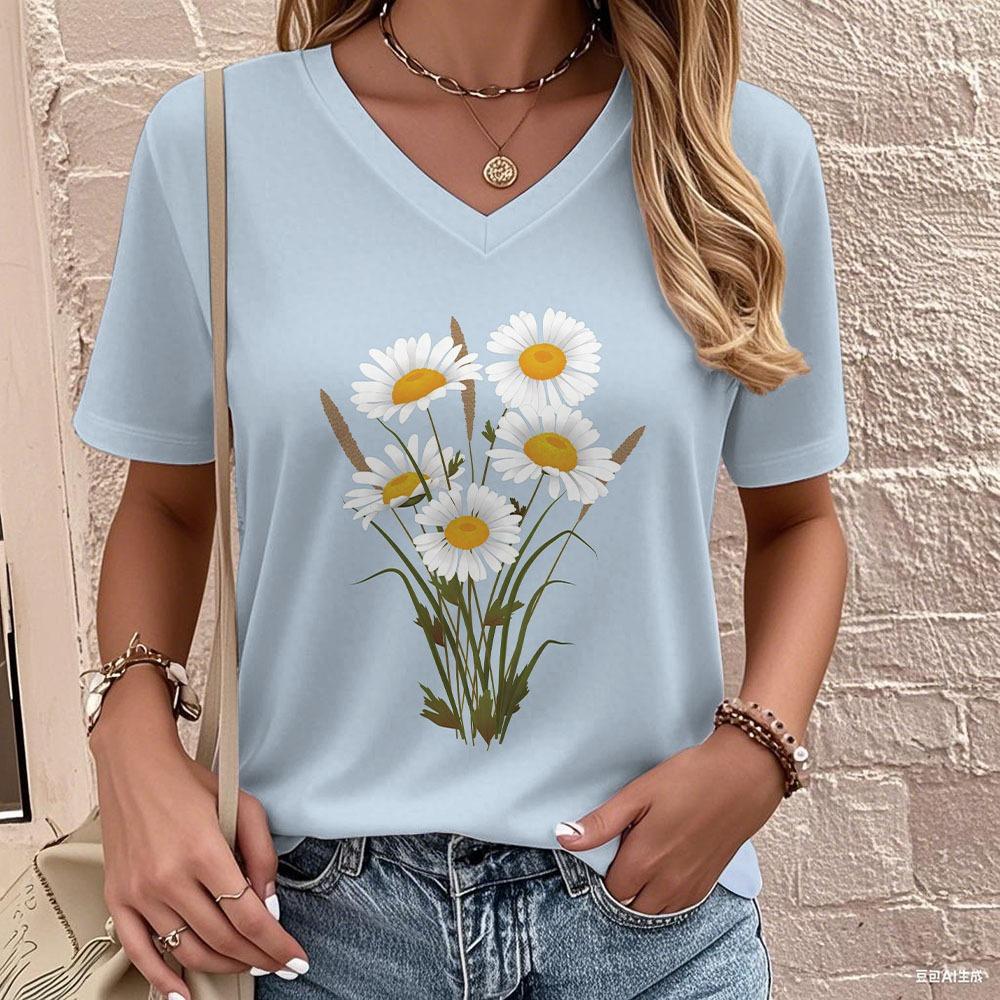 Floral Print V-neck T-shirt Summer Fashion Casual Blouse Street Fashion Oversized Women's Clothing
