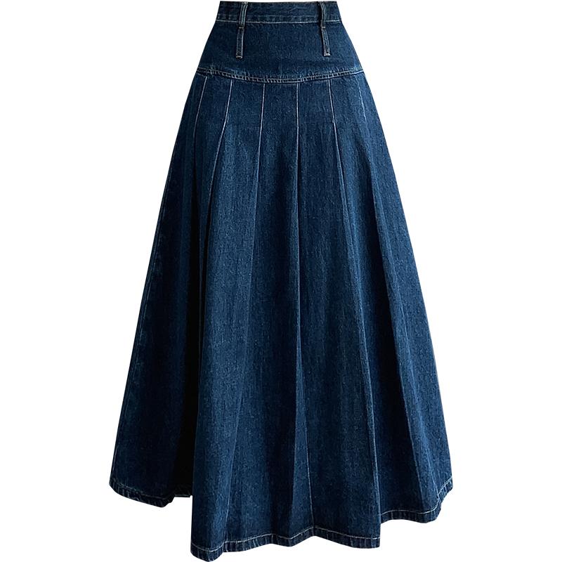 Chic Pleated Jeans Skirts Spring Autumn High Waist Long Washing Ladies Straight Women Loose Denim Midi Skirts