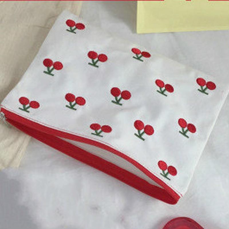 Fashion Cartoon Cherry Embroidery Pencil Case Cosmetic Bag Make Up Storage Bag Student Stationery Bag