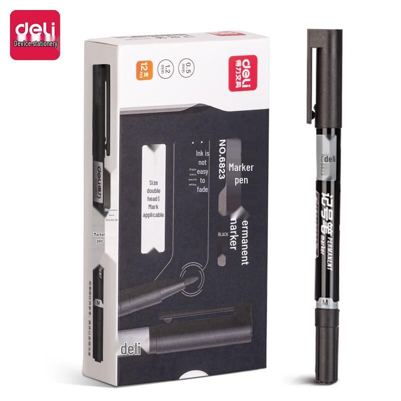 Deli 6823 Dual-Tip Oil-Based Marker Pens, Black, 12-Count Box