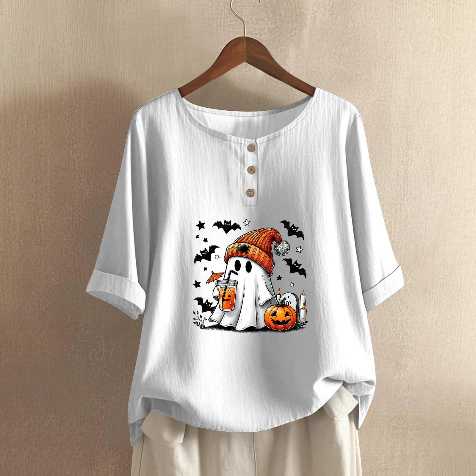 

Women s Fashionable And Casual Shirt Half-sleeve Round Neck Print Cotton And Linen Blouse Top S білий