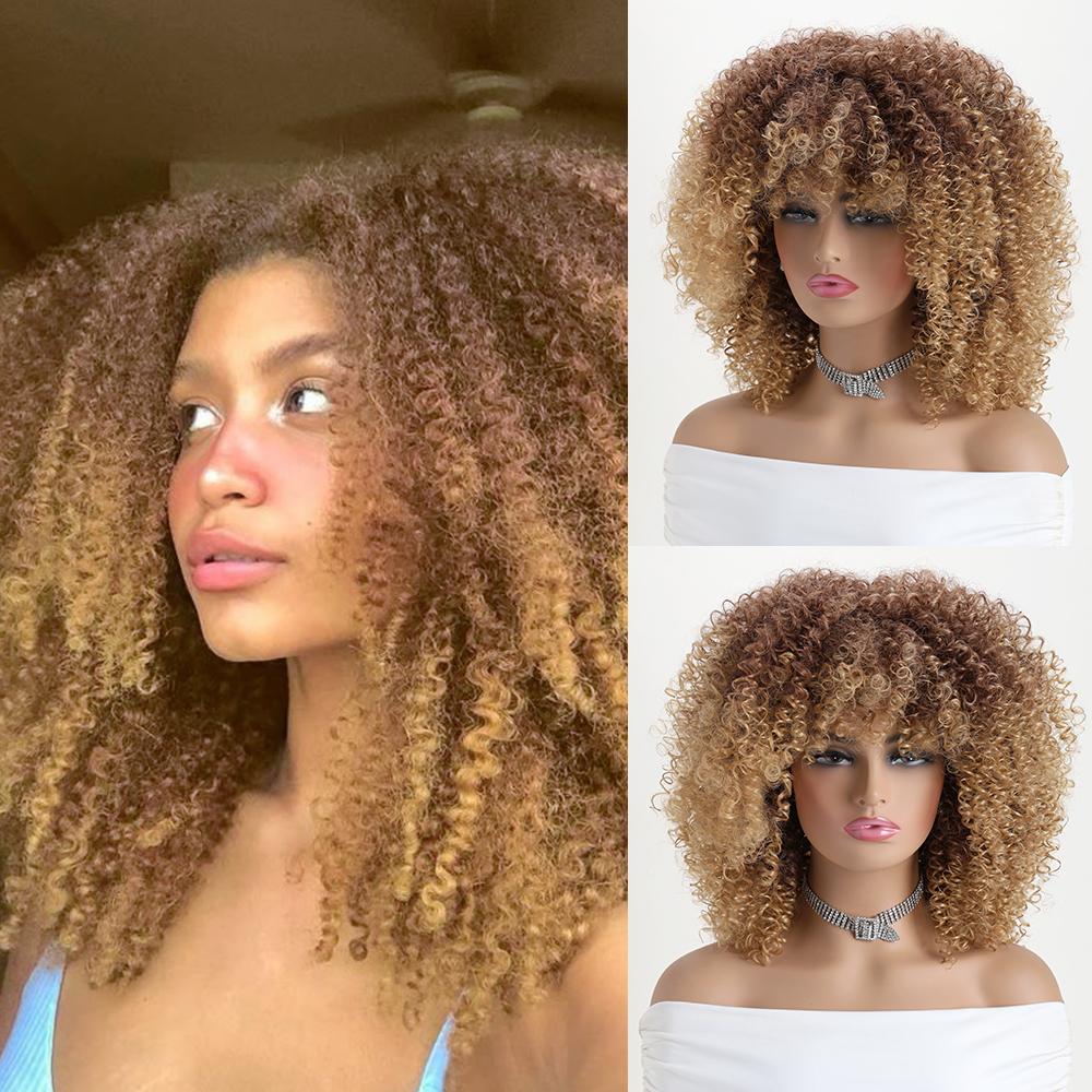 16 Zoll Afro Kinky Curly Synthetikhaar Gradient Lila Perücken mit Pony Weiche Flauschige Faser Perücken für Party Cosplay Tägliche Nutzung