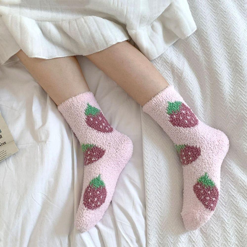 Soft Thickened Coral Fleece Socks Winter Flower Strawberry Floor Socks Sleeping Hosiery Warm Socks Women For Girls