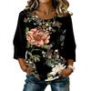 Damen Freizeitbluse mit Blumenprint, Rundhalsausschnitt, Dreiviertelärmel, Leinen-Baumwollmischung, Leicht, Bequem, Lockerer Schnitt, Oberteil für den Alltag