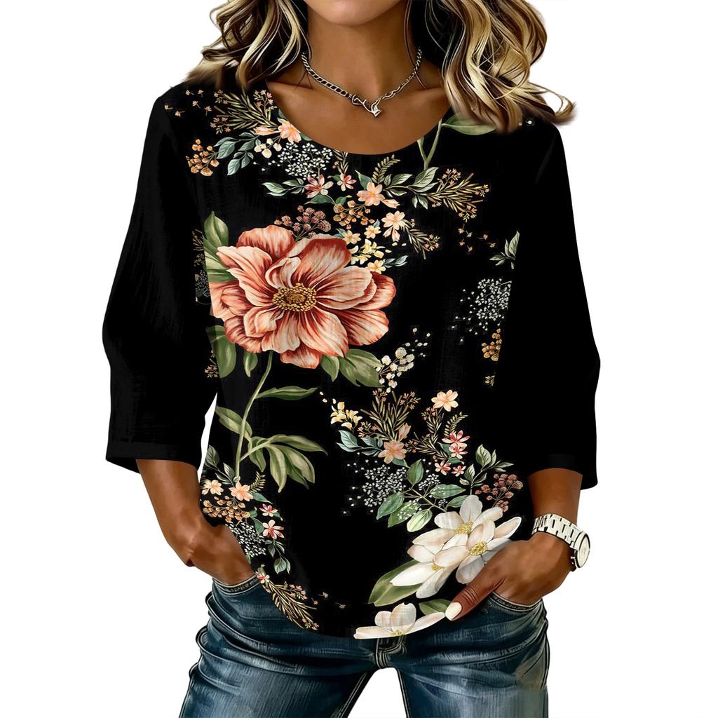 Damen Freizeitbluse mit Blumenprint, Rundhalsausschnitt, Dreiviertelärmel, Leinen-Baumwollmischung, Leicht, Bequem, Lockerer Schnitt, Oberteil für den Alltag