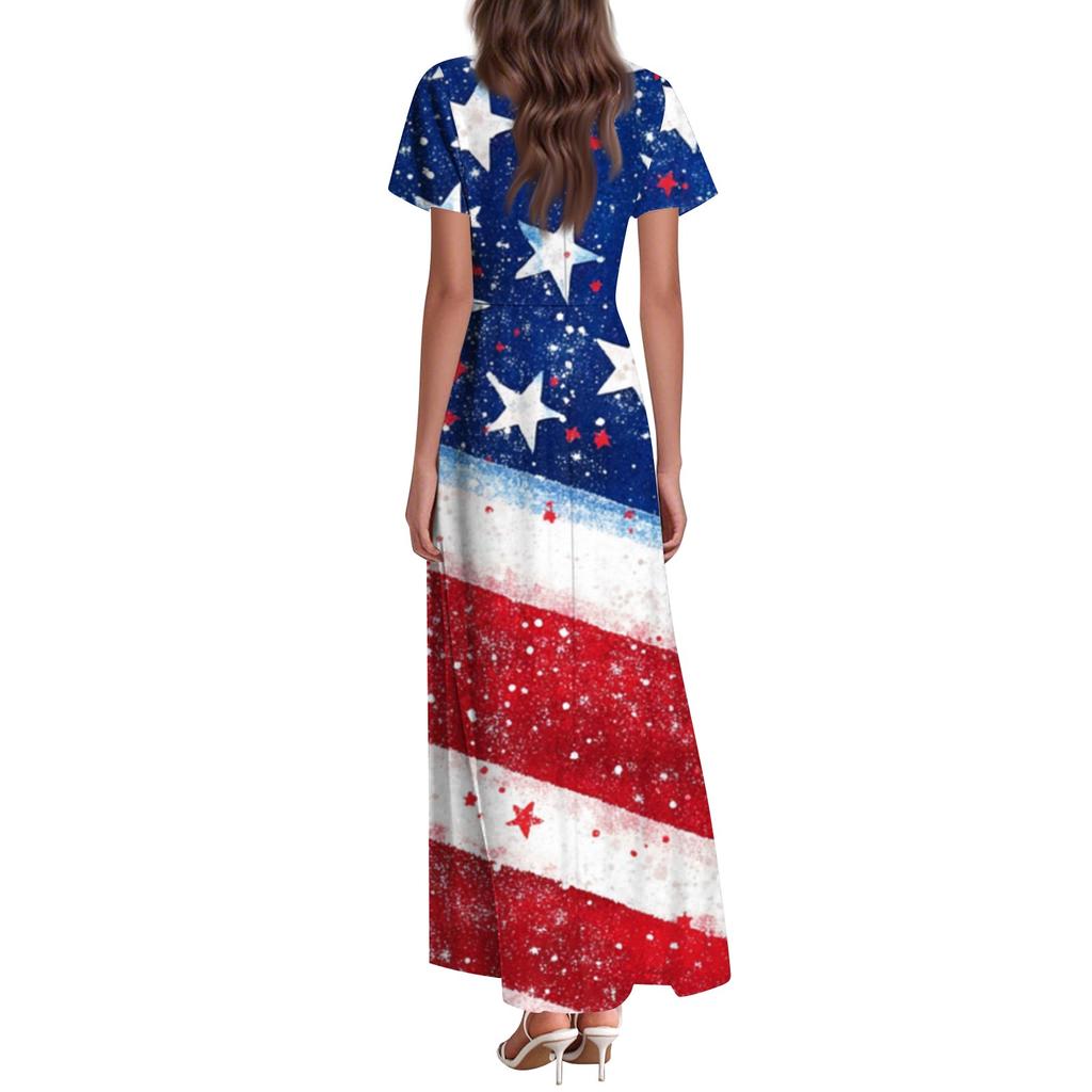 Women's Summer Casual Fashion Independence Day Printed Dresses V-Neck Short Sleeve Dresses