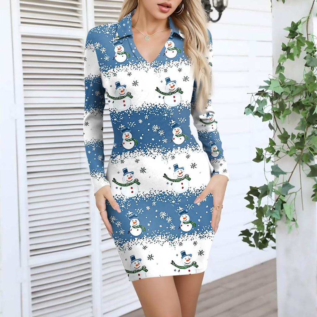Women's V-neck Casual Print Long-sleeved Fitted Dress