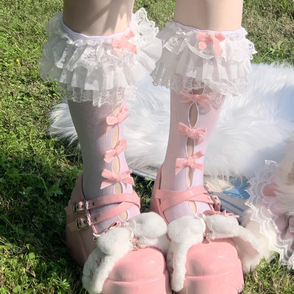 New Lolita Bowknot Polka Dot Mid-Calf Nylon Anti-Slip Socks Sweet Girl Summer Edition