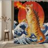 Funny Japanese Cat Sunset Shower Curtain, Vintage Anime Ocean Wave Kitten Decor, Artistic Waterproof Washable