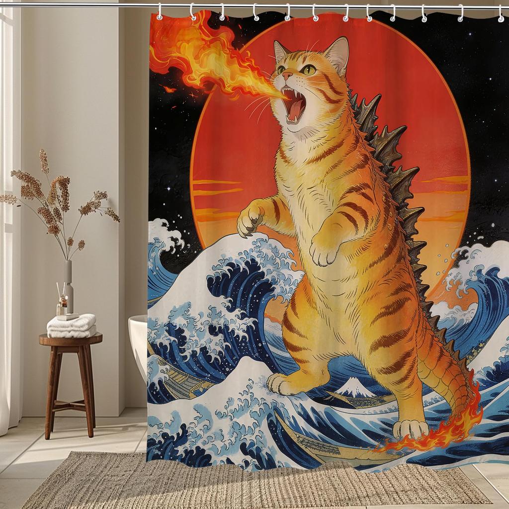 Funny Japanese Cat Sunset Shower Curtain, Vintage Anime Ocean Wave Kitten Decor, Artistic Waterproof Washable