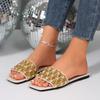 [Foreign Trade] French rhinestone sequined cool slippers women's summer wear one-word slippers square toe sandals