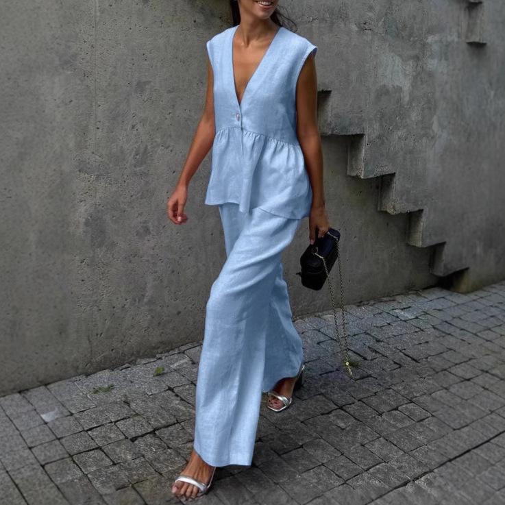 2025 Women's Solid Color Cotton V-neck Sleeveless Top & Long Pants Two-Piece Set – European and American Style