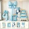 Blue First Birthday Party Decor Set with Bows, Cake Toppers, Number Balloons, and Photography Backdrop