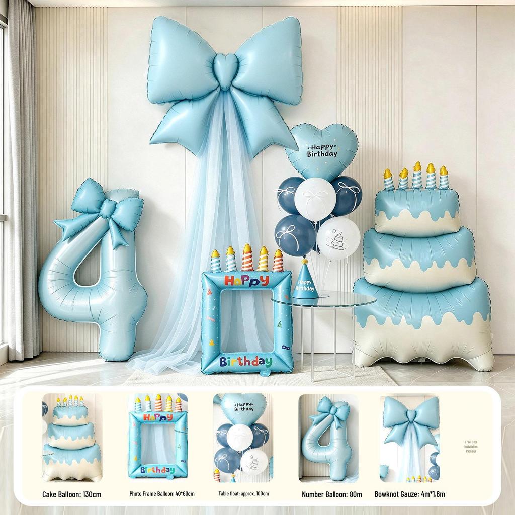 Blue First Birthday Party Decor Set with Bows, Cake Toppers, Number Balloons, and Photography Backdrop