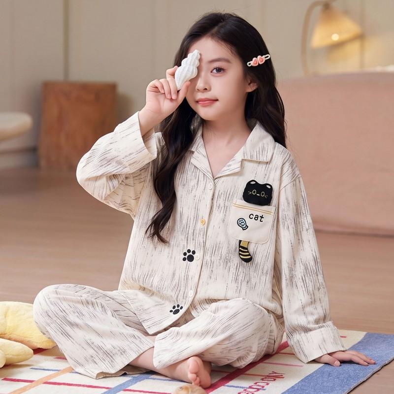 Girls Cotton Pajama Set Long Sleeve Cartoon Print Sleepwear Kids Home Outfit