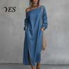 Party Dress Casual Women's One Shoulder Long Sleeve Maxi Dress, Cotton Linen Tunic Side Slit Summer Loose with Pockets Retro Style