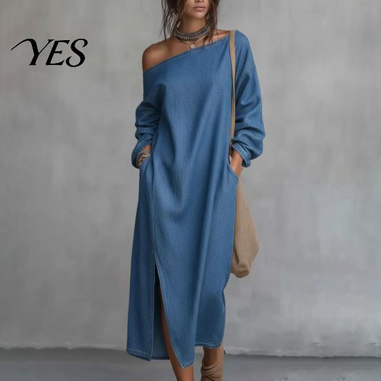 Party Dress Casual Women's One Shoulder Long Sleeve Maxi Dress, Cotton Linen Tunic Side Slit Summer Loose with Pockets Retro Style