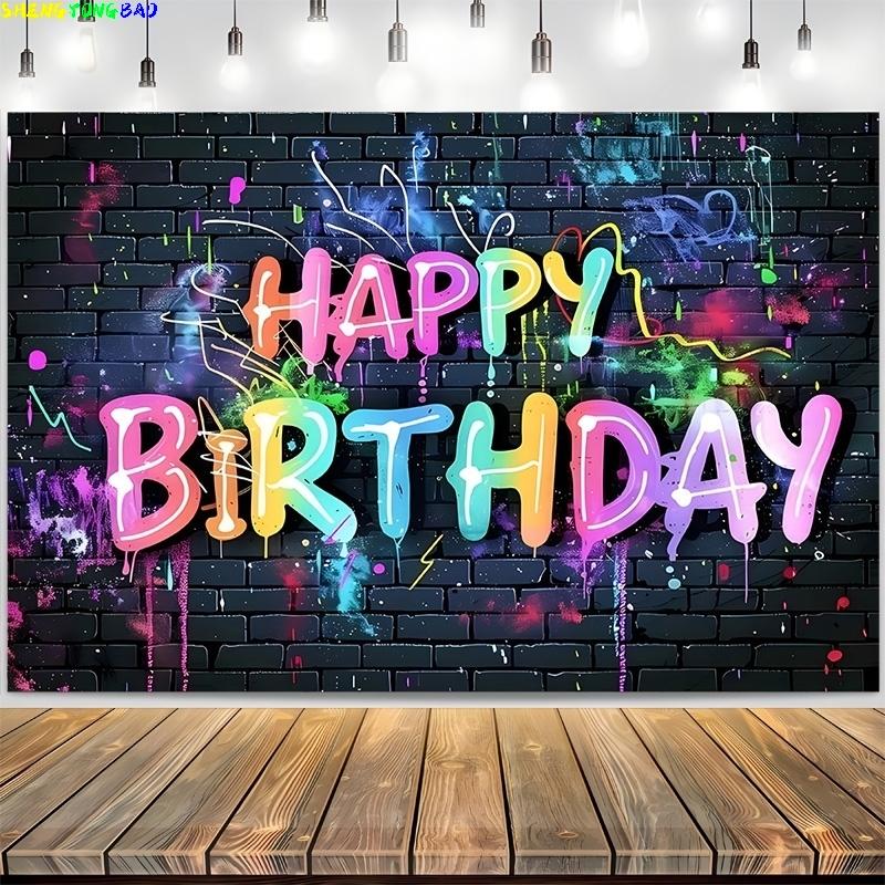 Happy Birthday Backdrop Neon Glow Party Brick Wall Splatter Graffiti Photography Background Banner Photo Shoot Decor Props RR-02