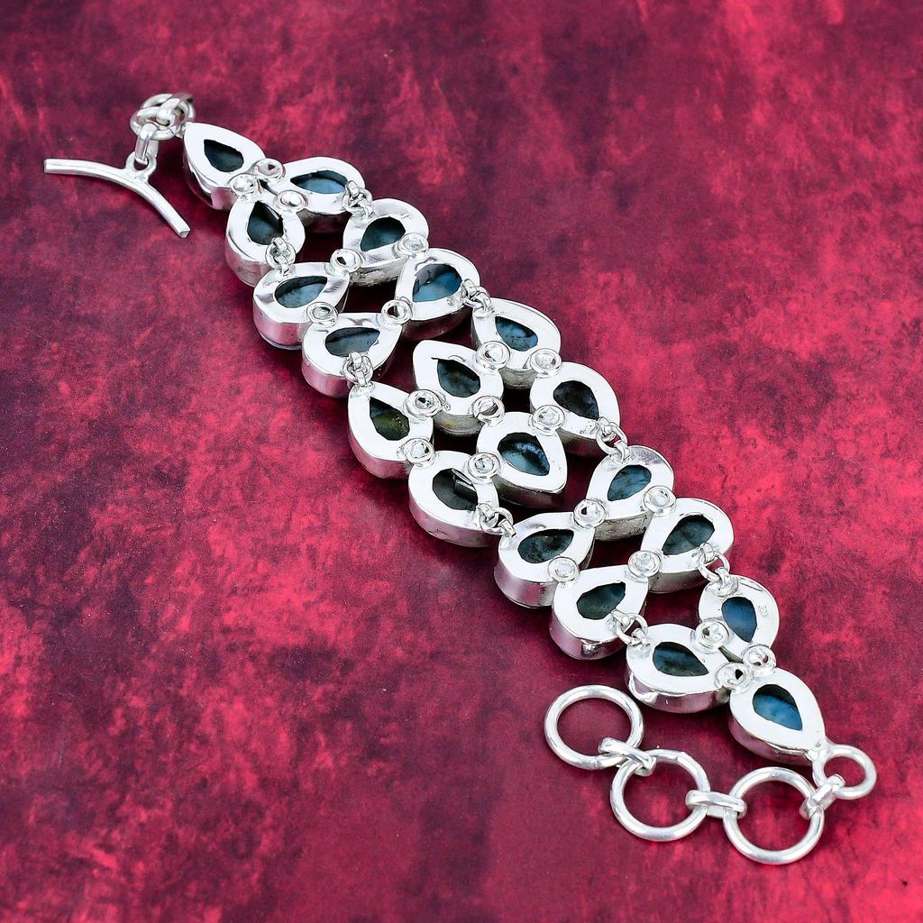 Larimar 925 Solid Sterling Silver Bracelet with Adjustable Chain, Handmade Gemstone Jewelry Bracelet For Memorial Day