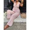 Ensemble 2 pièces élégant : Haut rayé sans manches à encolure en V et Pantalon large taille haute, Tenue décontractée d'été pour les vacances