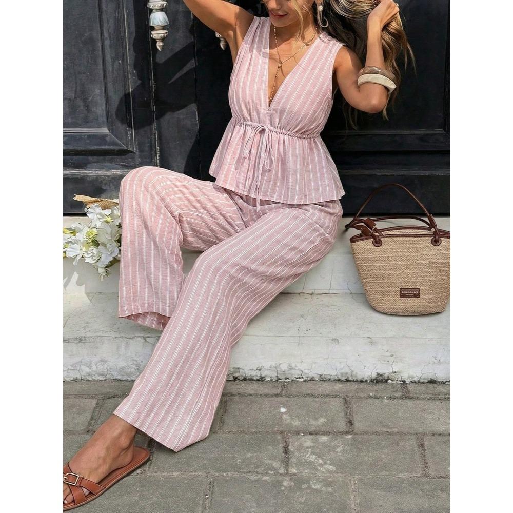 Ensemble 2 pièces élégant : Haut rayé sans manches à encolure en V et Pantalon large taille haute, Tenue décontractée d'été pour les vacances