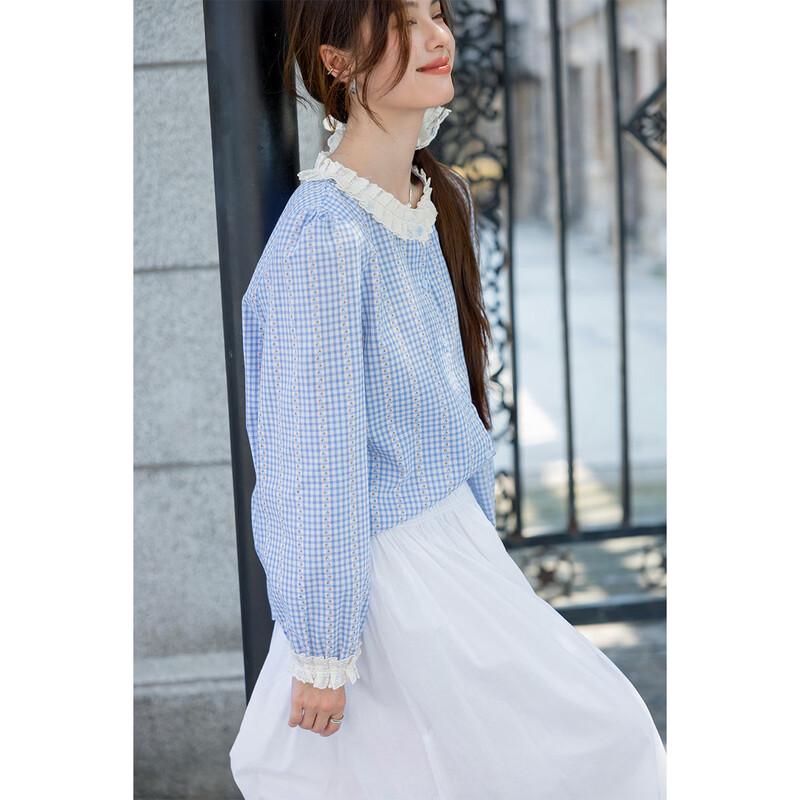 ITISF4 Women's French Lace-Trim Gingham Blouse
