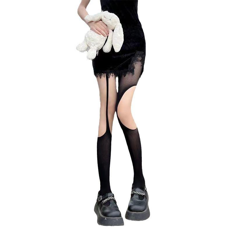 Black Fishnet Stockings with Irregular Holes - Sexy One-Piece Suspender Style for Women