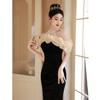 Banquet Temperament Evening Dress Dress Socialite Black Fishtail Skirt French High-end Light Luxury One-word Shoulder Host Dress