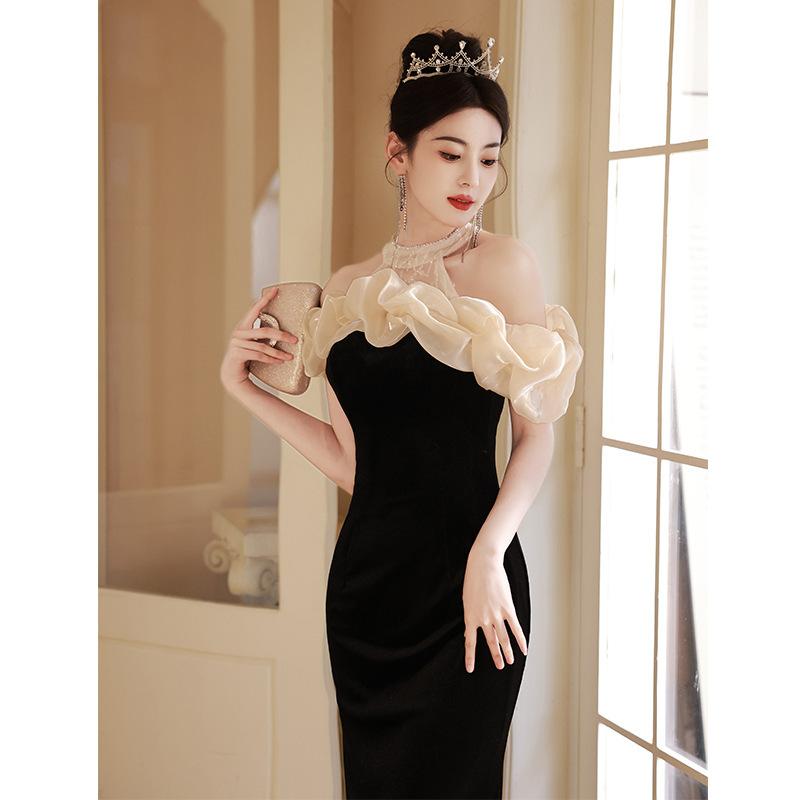Banquet Temperament Evening Dress Dress Socialite Black Fishtail Skirt French High-end Light Luxury One-word Shoulder Host Dress