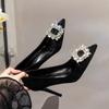 Black High Heels Women's Thin Heels New Spring and Summer Pointed Suede Shallow Mouth Square Buckle Rhinestone Temperament Single Shoes