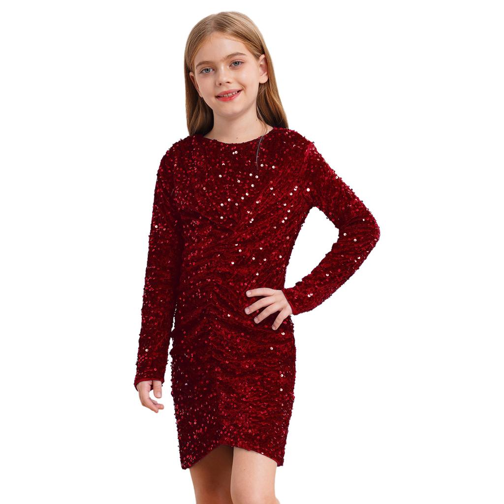 Girls Glitter Sequin Party Dress Long Sleeve Velvet Ruched Front Bodycon Gown for Birthday Prom