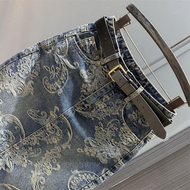 Women's Retro High Waist Jacquard Denim Midi Skirt, 2025 Autumn Collection - Loose, Straight, Hip-Hugging Design