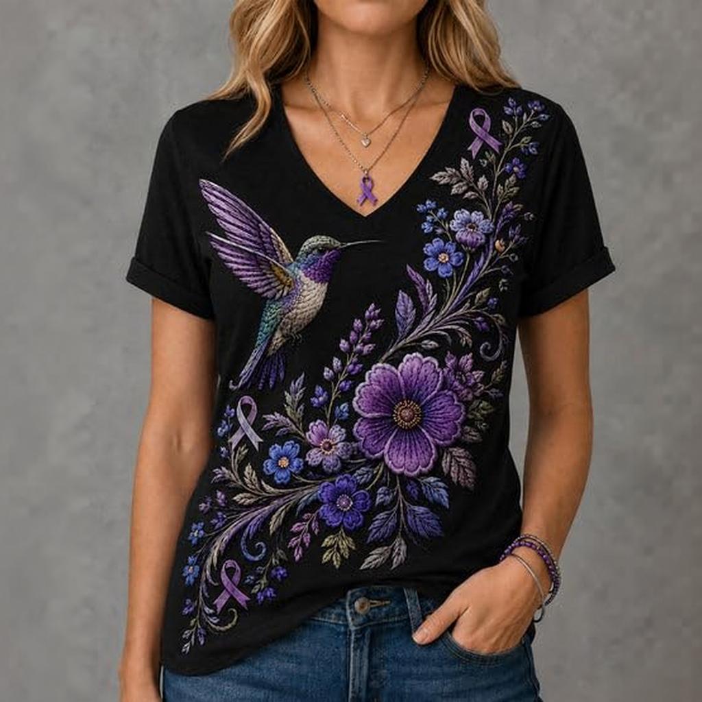 Women's 3D Print V-Neck Short Sleeve T-Shirt Loose Fit Casual Top