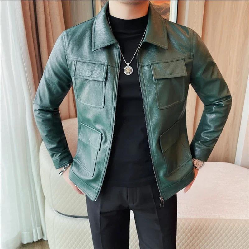 Autumn Winter Leather Jackets Men Fashion Lapel Motorcycle Jacket Casual Business Streetwear Social PU Leather Coats