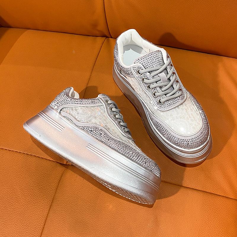 Fashion Luxury Women's Sports Shoes Summer Mesh High Heel Platform Lace Water Diamond Crystal Casual Work Shoes Outdoor Running Shoes