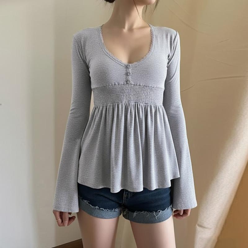 Donna Tinta Pizzo Decorazione Patchwork Bottoni Maniche Svasate Camicia Casual Scollo a V Top a Maglia Estetica Y2k Abbigliamento Autunnale Fairycore