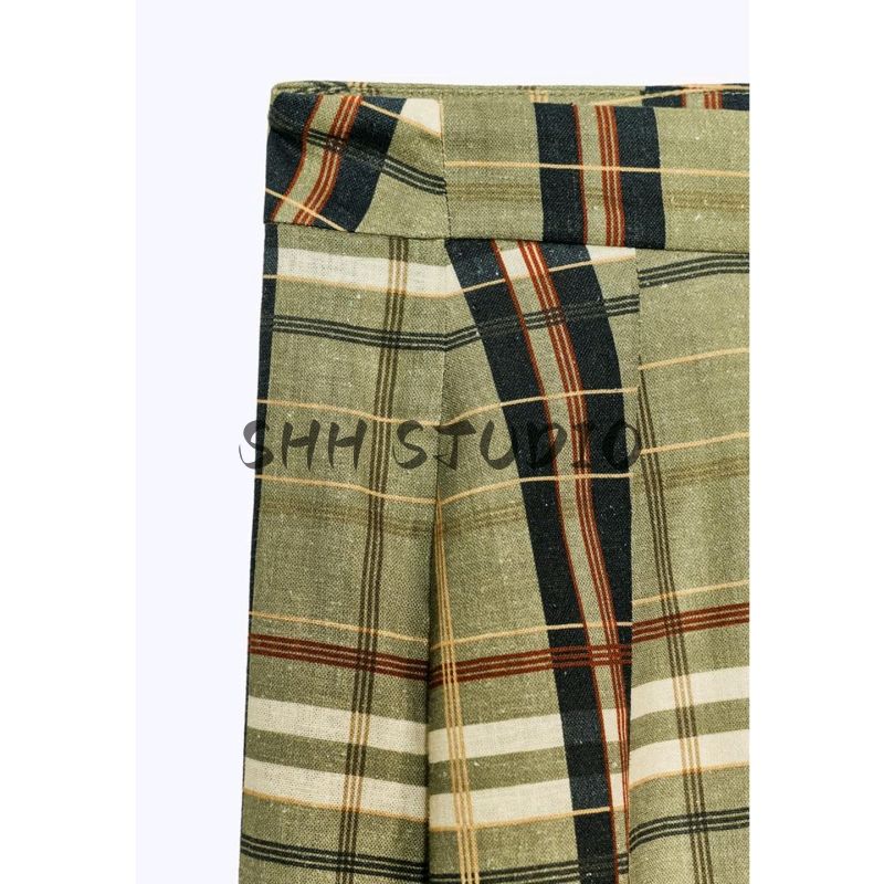 Summer New Product Women's Clothes Casual Air Outlet Pocket Decoration Linen Blend Gingham Mid-Waist Straight Pants 8371029